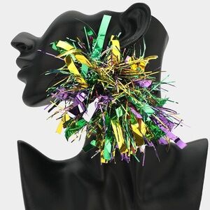 Bold Festive Multicolor Mardi Gras Tinsel Fringe Statement Earrings